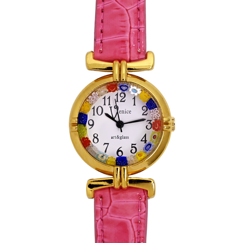 Venice Murano Art & Glass Gold Plated Ladies Pink Leather Watch